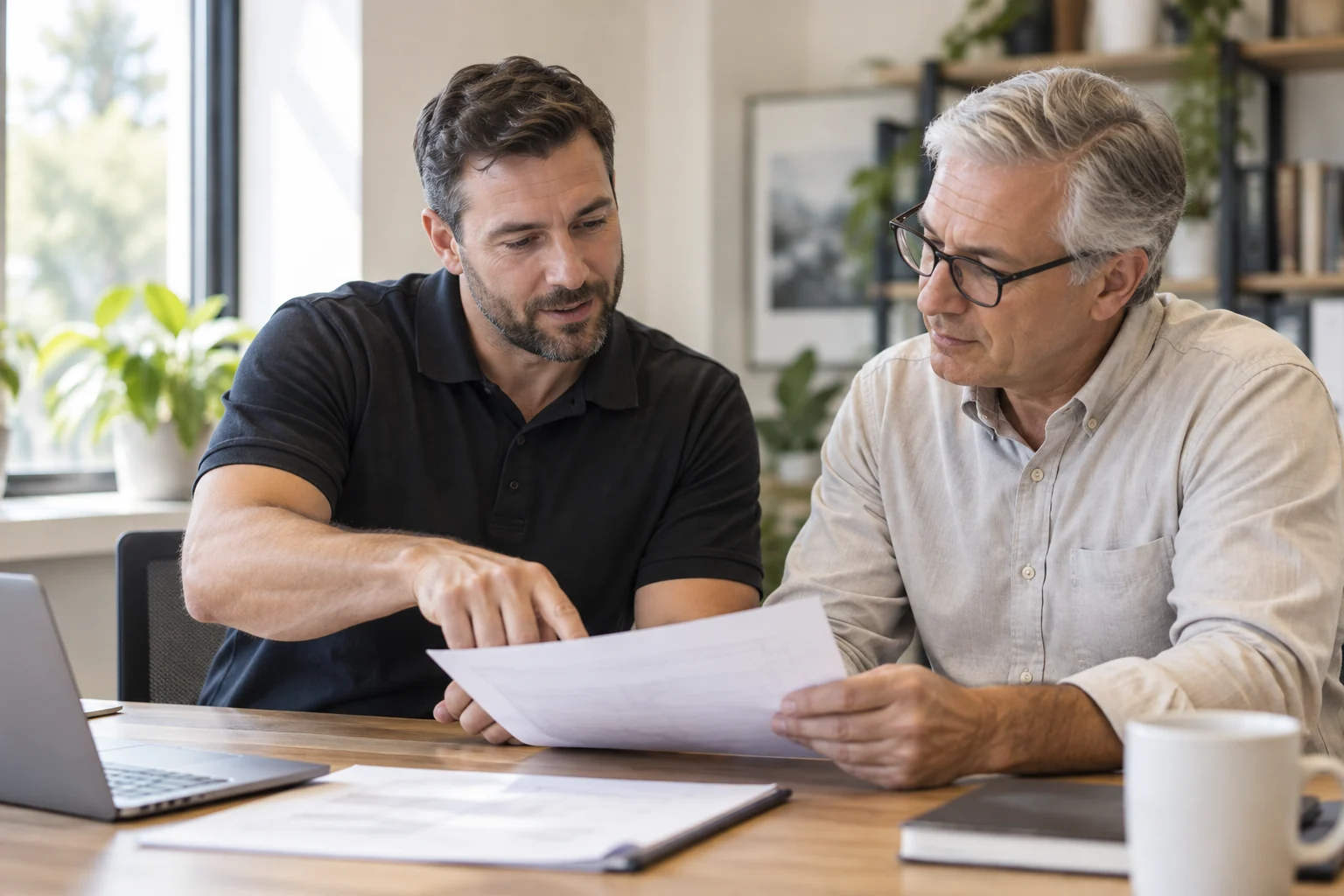 Illustrative field-service technician and operations colleague reviewing a job plan