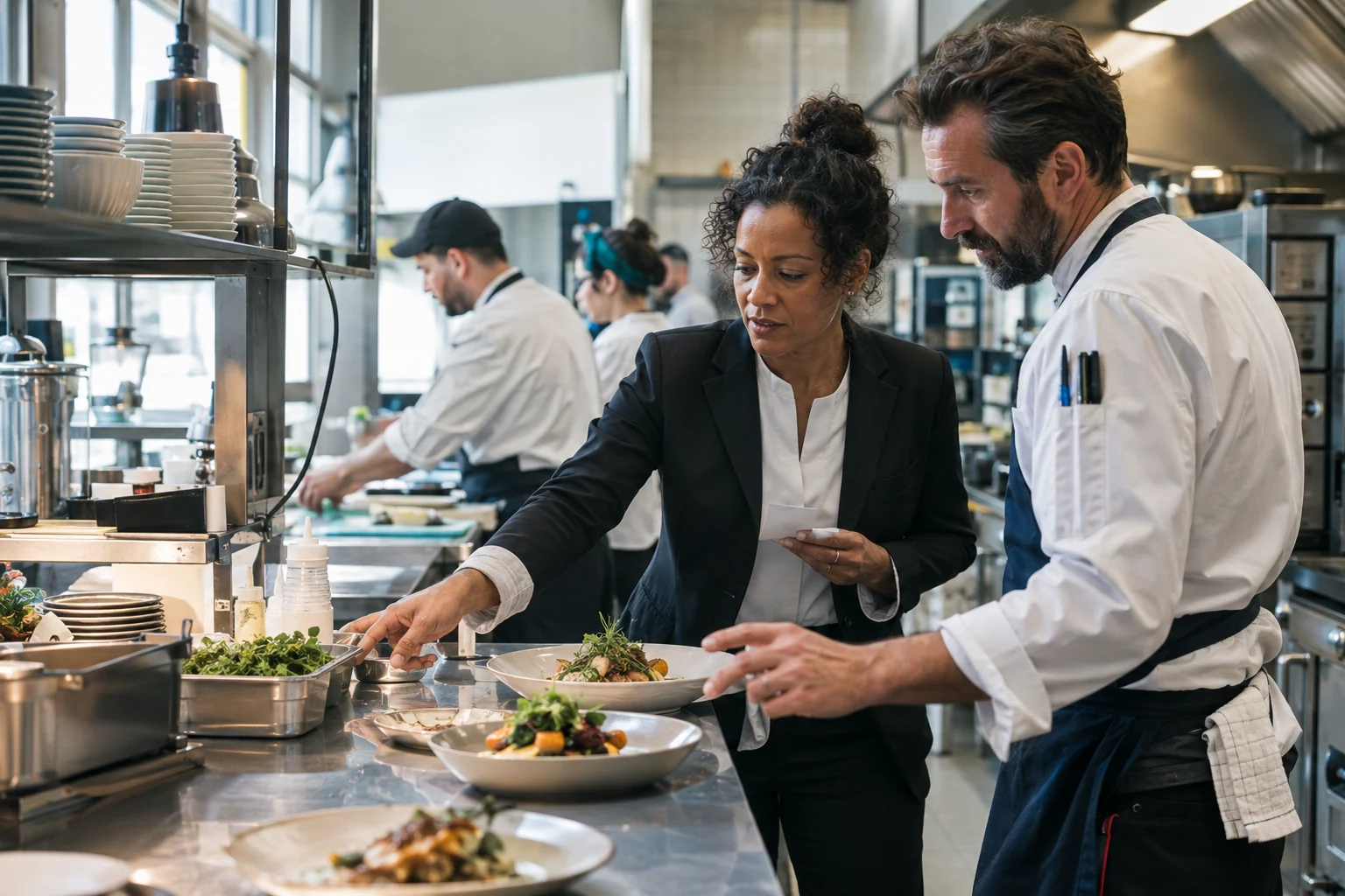 Illustrative restaurant operations lead and chef working together during service